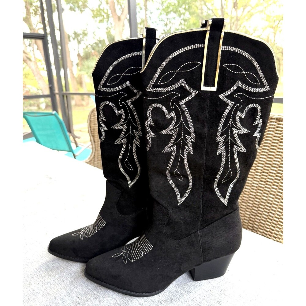 NEW Women's size 11 Embroidered Black Western Boots Cowgirl Chunky Heel Suede